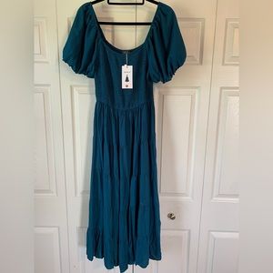 ZESICA Square Neck Puff Sleeve Smocked Flowy A Line Tiered Midi Dress size large